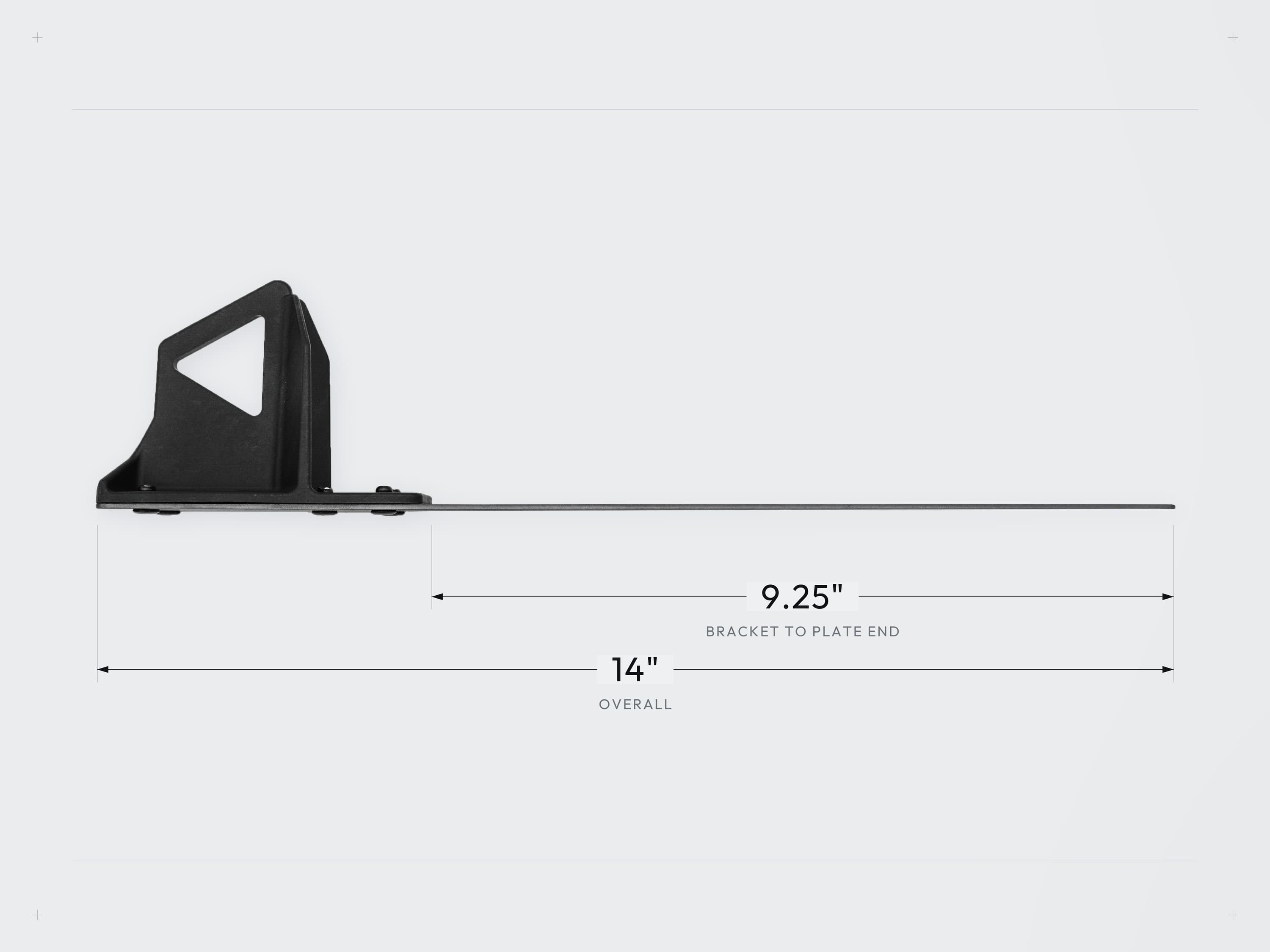 ArcticAnchor tile bracket shown with 14 inch overall length and 9.25 inch bracket-to-plate-end dimensions