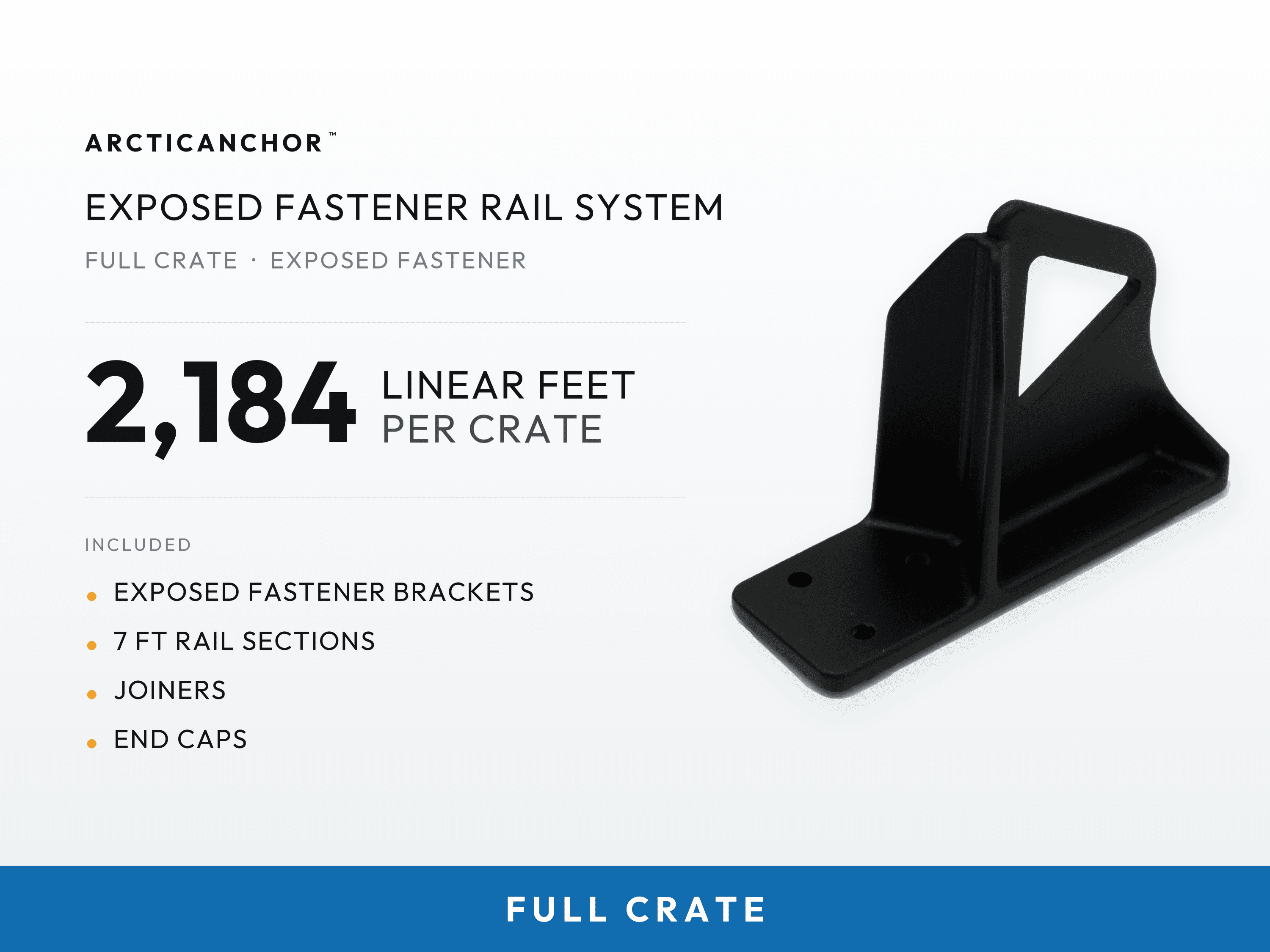 ArcticAnchor Exposed Fastener Rail System Full Crate, 2,184 linear feet per crate, including exposed fastener brackets, 7 ft rail sections, joiners, and end caps