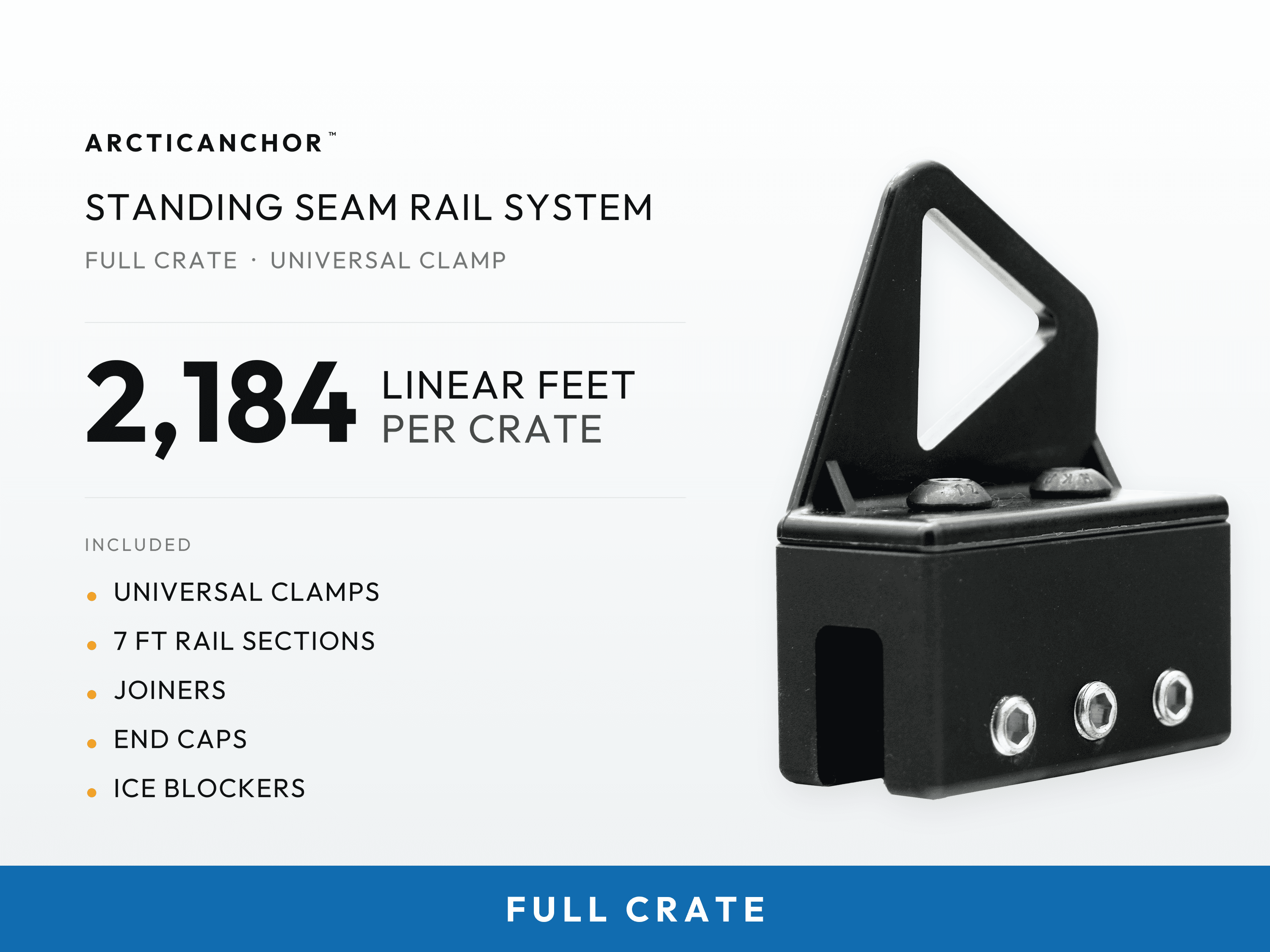 ArcticAnchor Standing Seam Rail System Full Crate with Universal Clamp, 2,184 linear feet per crate, including universal clamps, 7 ft rail sections, joiners, and caps