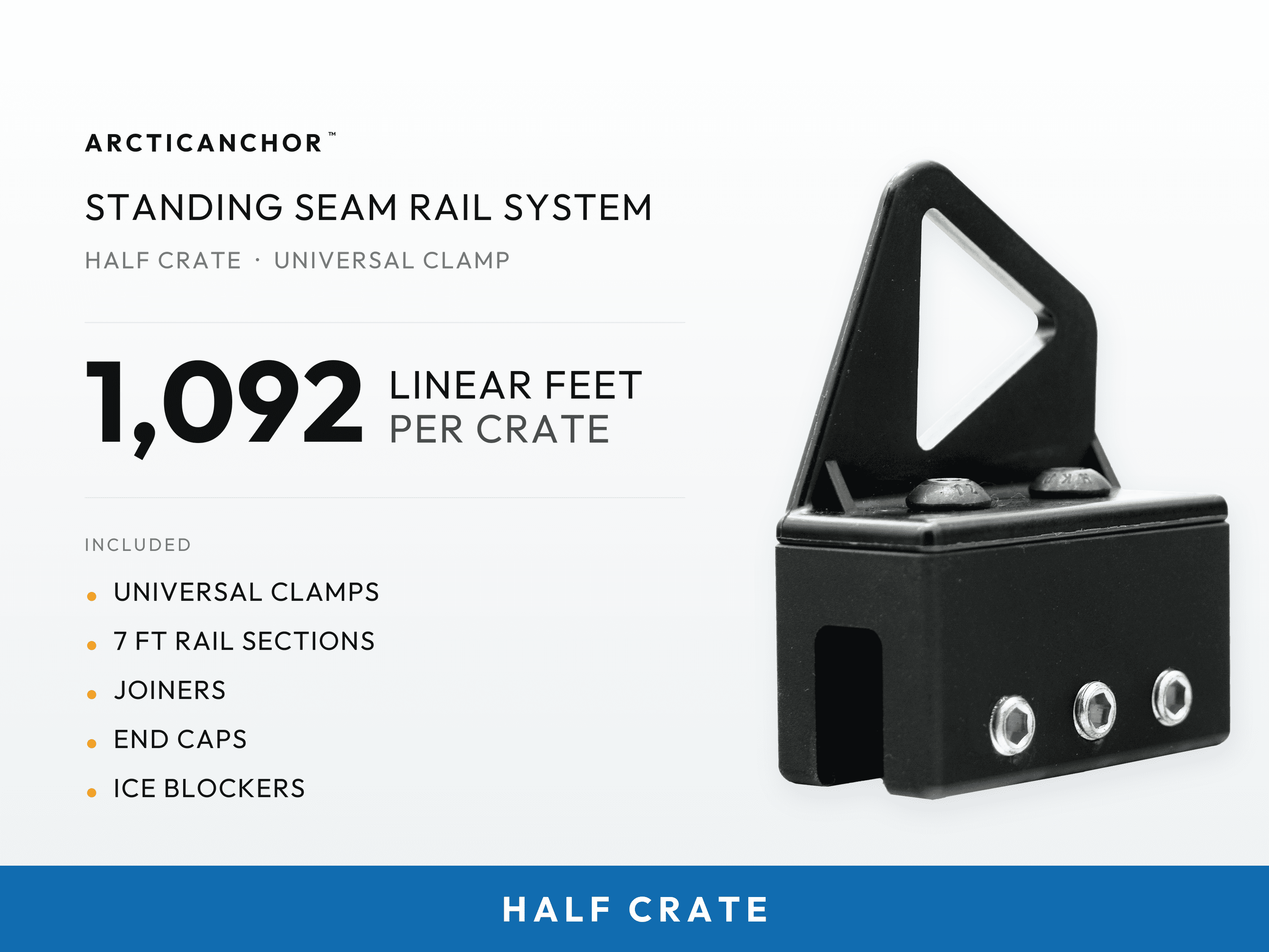 ArcticAnchor Standing Seam Rail System Half Crate with Universal Clamp, 1,092 linear feet per crate, including universal clamps, 7 ft rail sections, joiners, and caps